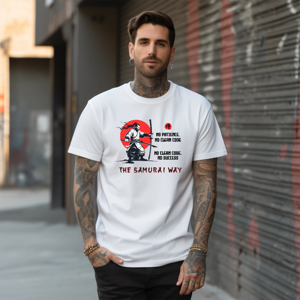 Programador con camiseta de samurai Sin Código Limpio, No Hay Éxito