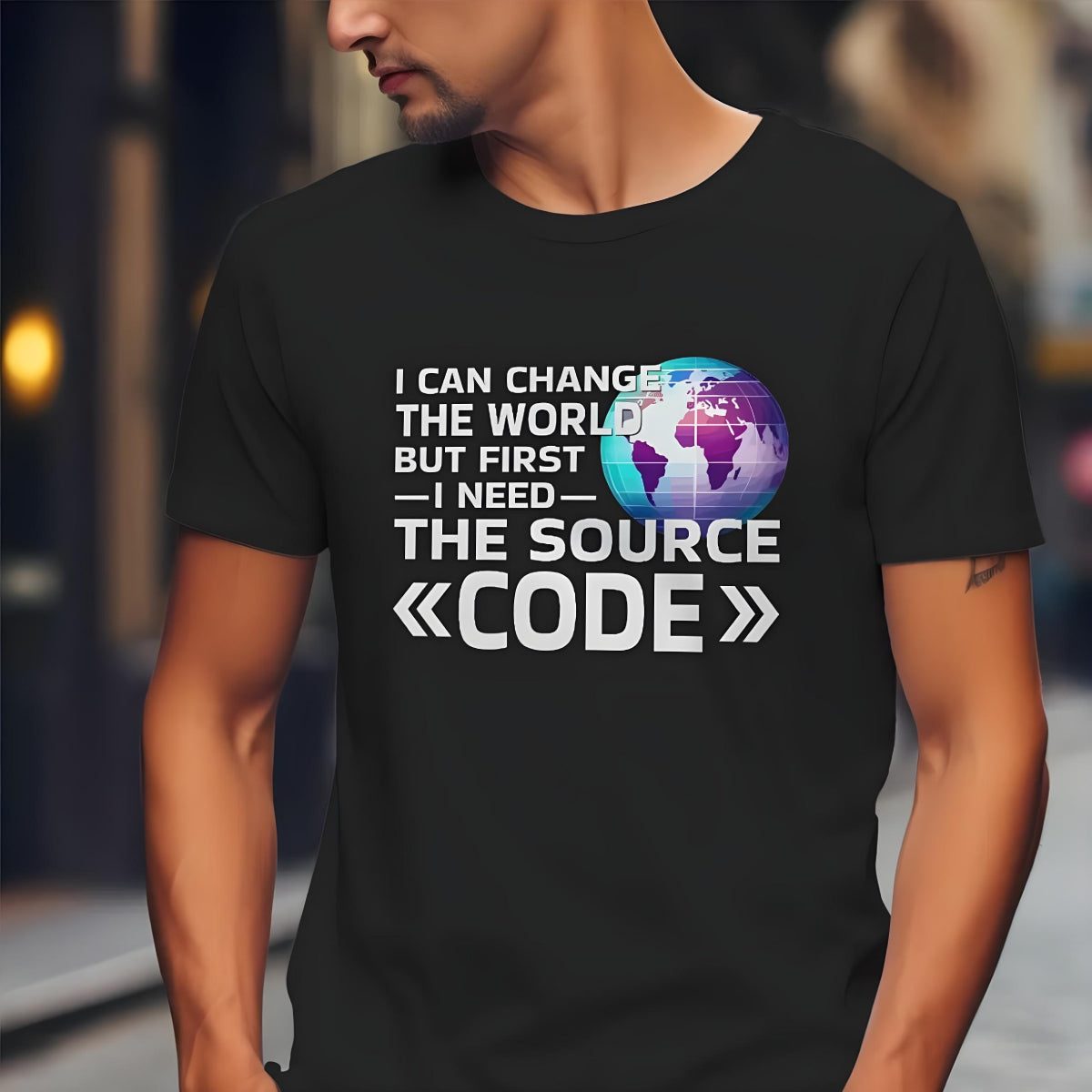 camiseta friki con el lema 'I can change the world but first I need the source code', para programadores