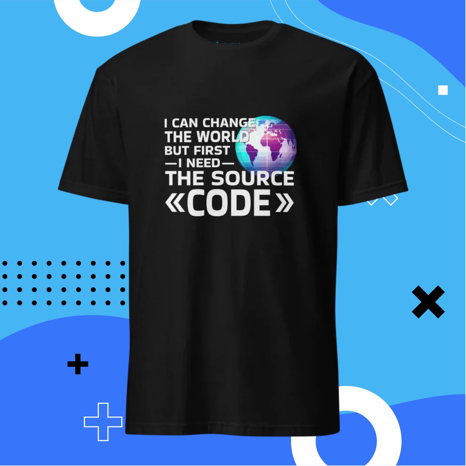 Banner de camiseta con el lema 'I can change the world but first I need the source code', para programadores.