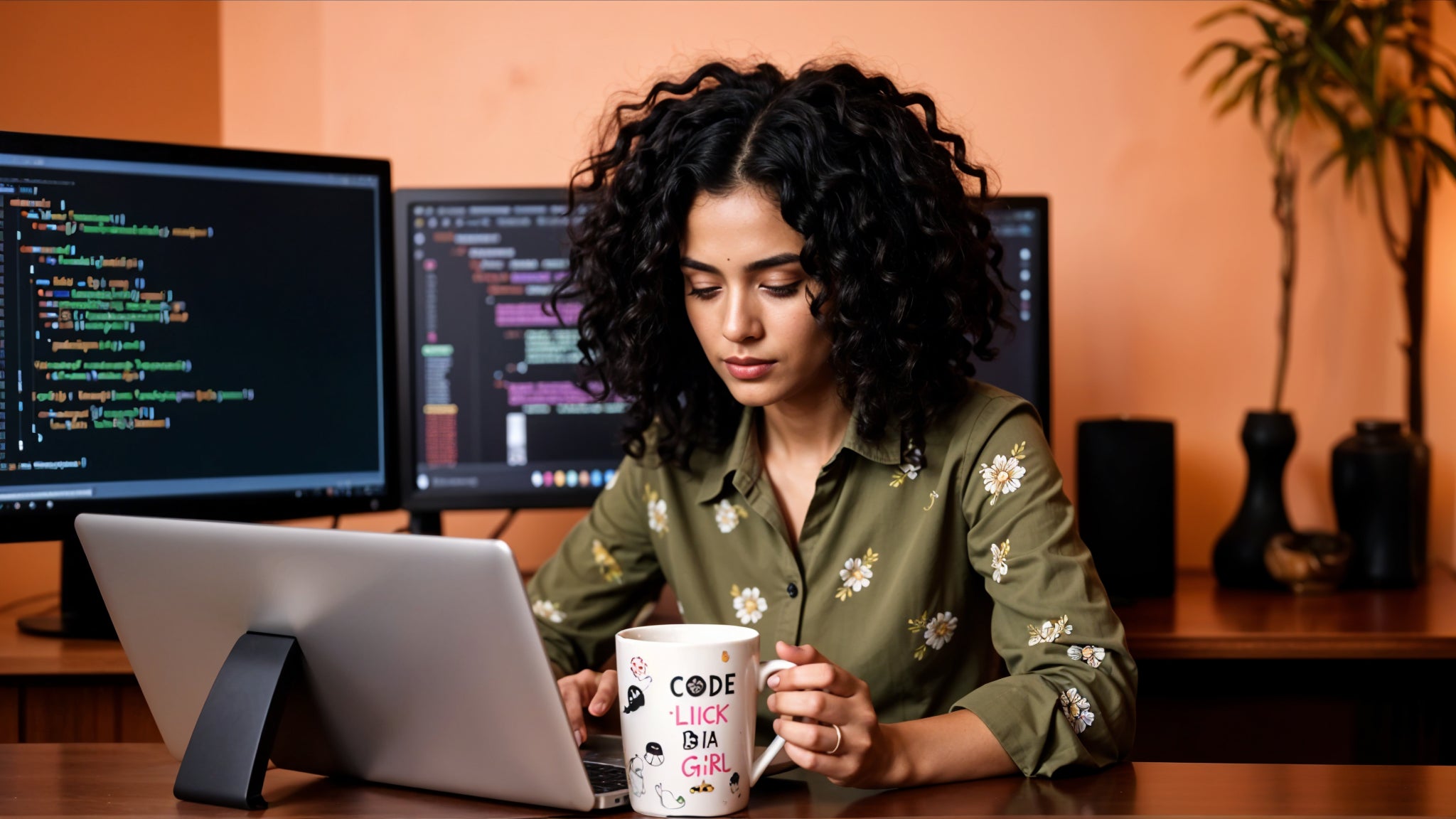 Mujer programadora con taza personalizada, concentrada en su trabajo